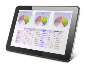 Image of a tablet showing a pie chart and bar graph