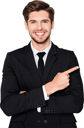 Man smiling while pointing his right index finger to the right
